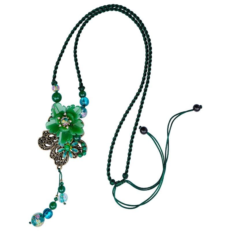 GEMCHIC Women's Vintage Chinese Style Green Flower Glass Bead Sweater Chain Necklace Long Pendant Jewelry