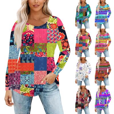 Damski Modny Casualowy Plisowany Okrągły Dekolt Vintage Kwiatowy Nadruk Długi Rękaw T-shirt Top