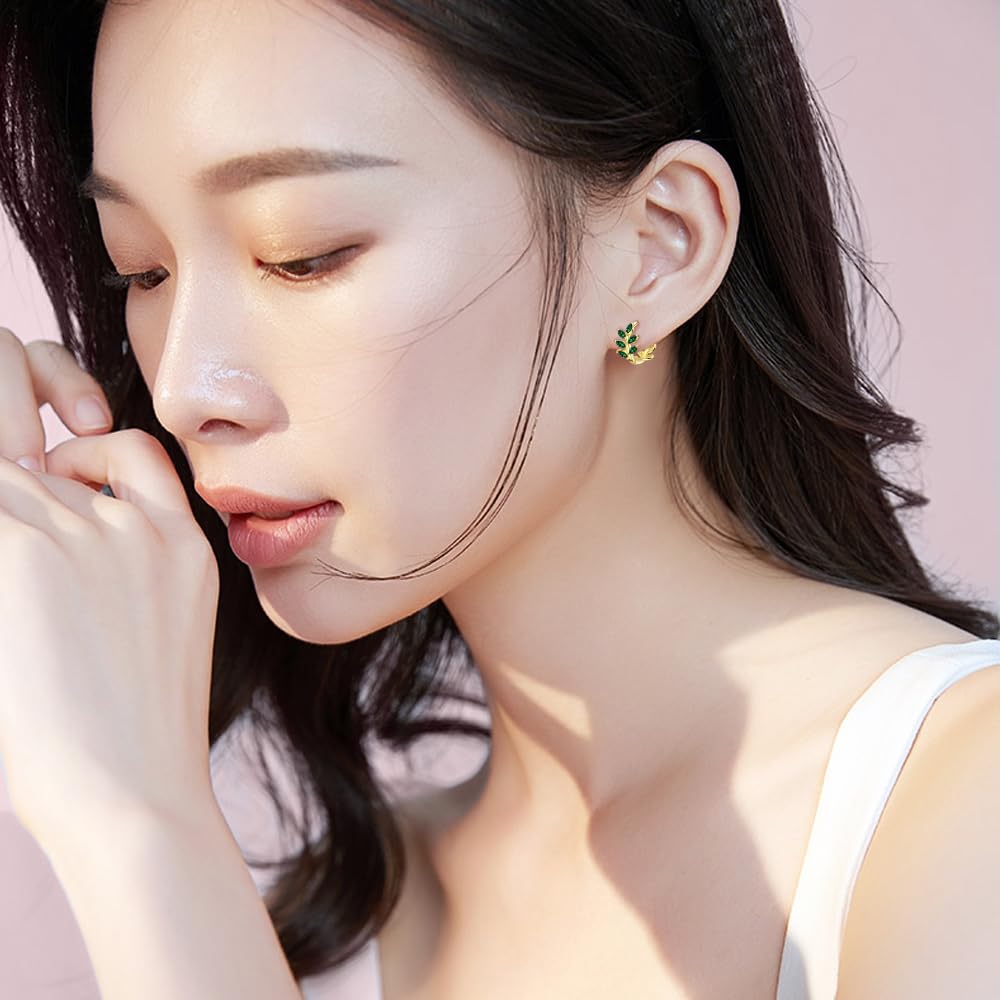 Cercei smarald pasăre liberă pentru femei placare cu aur 18K Cercei tip cerc hipoalergenici Aur Cercei populari cu piatra natală din mai inel frunză pliat Cadou de zi