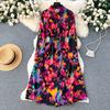 French retro light luxury high-end long-sleeved lapel single-breasted printed dress women's waist temperament big swing shirt skirt