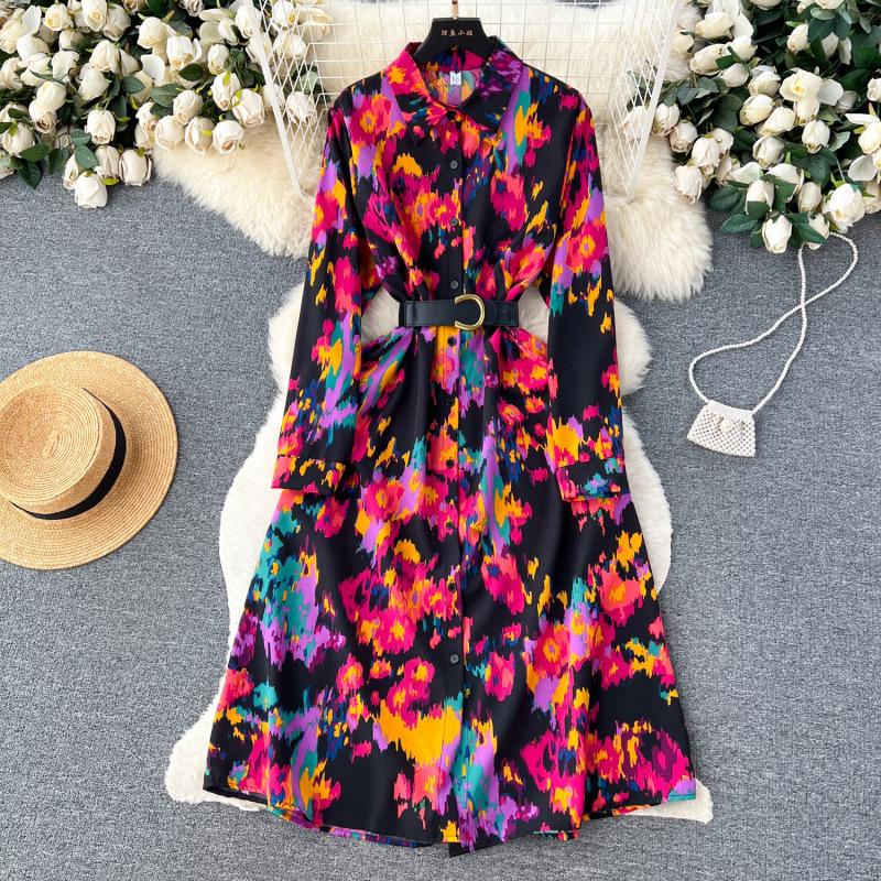 French retro light luxury high-end long-sleeved lapel single-breasted printed dress women's waist temperament big swing shirt skirt
