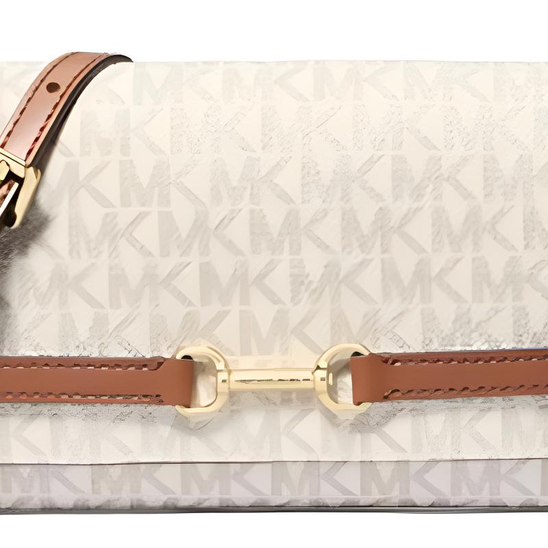 Michael Kors Carson Horsebit Adjustable Chain Shoulder Strap Magnetic Closure Faux Leather Shoulder Crossbody Bag Large Women's Vanilla White