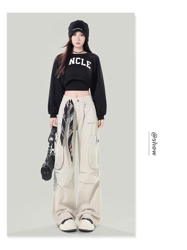 Women's Early Spring Apricot Cargo Jeans: New Design, Multi-Pocket, Loose, Wide-Leg, Floor-Length