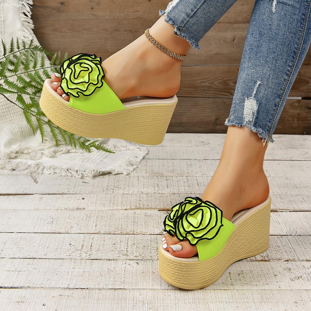 Aphixta Fluorescent Pink Wedge Heels Slippers Women Bohemian Flower Mulers 4cm Platform Sandals Clog Shoe Slides Plus Size 43