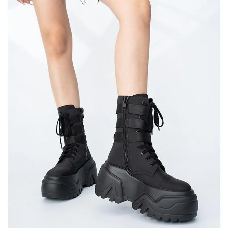 Fashion Women Ankle Booties Autumn Leather Chunky Shoes Woman High Platform Breathable Sneakers 9CM Thick Sole Wedges Motorcycles Boots