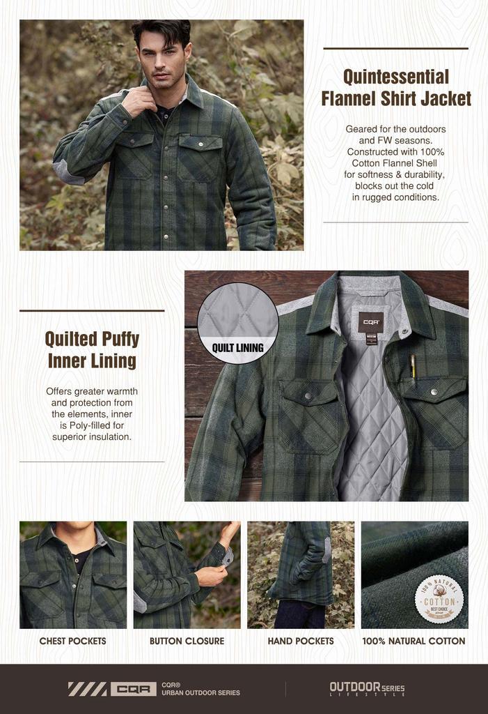 CQR Warm Flannel Jacket with Quilted Perfect for Outdoor and Ideal for and Winter Men's Lining, Hiking, Activities, Mountaineering, Spring, Autumn,