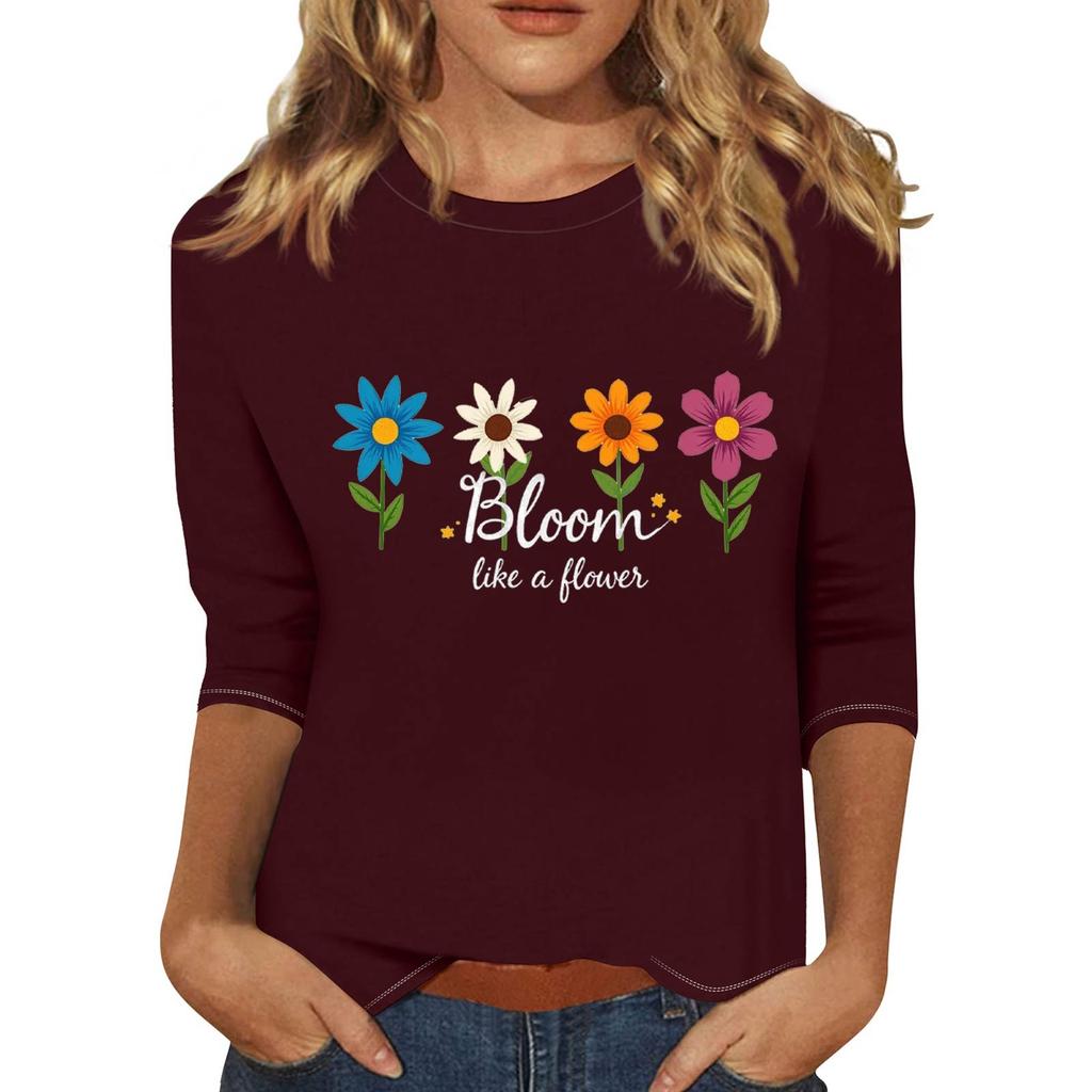 Women's Fashionable Casual Three Quarter Sleeve Printed Collar Pullover Top