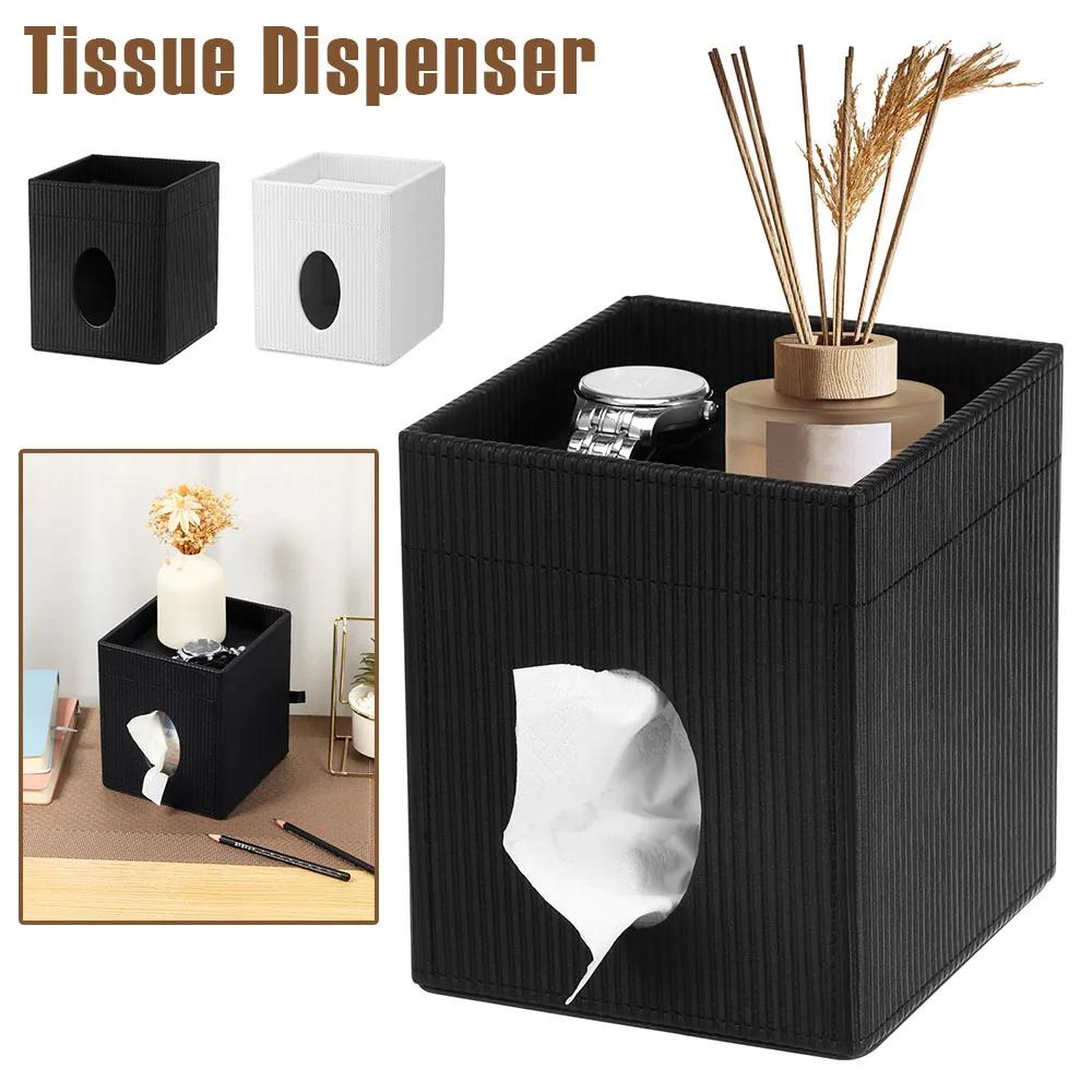 2 In 1 Square Tissue Box Cover PU Leather Cube Facial Tissue Dispenser with Top Tray Desktop Decoration for Home Bathroom Office