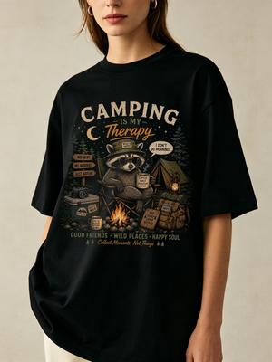 Camping Is My Therapy T Shirt and Kids Tshirt, Funny Raccoon Tee, Outdoor Adventure Graphic, Nature Lover Gift, Camper Humor Top