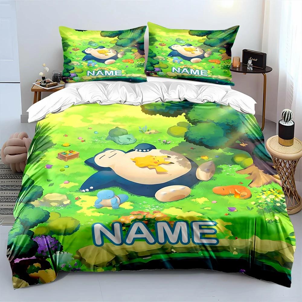 Custom Name Cute Pokemon Snorlax Printed Bedding Set Exquisite Bedding For Double And Single Beds Kids Bedroom 3-Piece Set Gift