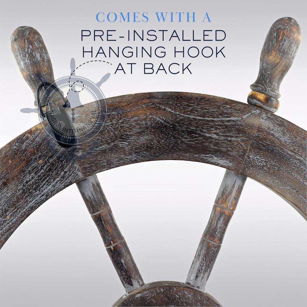 Frosty Antique Junkyard Crafted Wooden Ship Wheel | Anchor Motiff | Pirate's Home Wall Decor | Nagina International (24 Inches)