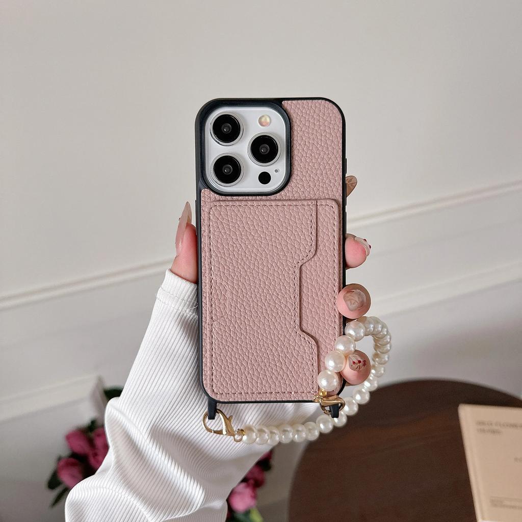 Skórzany Pasek na Nadgarstek z Koralikami z Etui na Telefon z Uchwytem na Karty dla IPhone 15 14 13 12 11 Pro Max 15 14 Plus Ochronne Wstrząsoodporne Etui