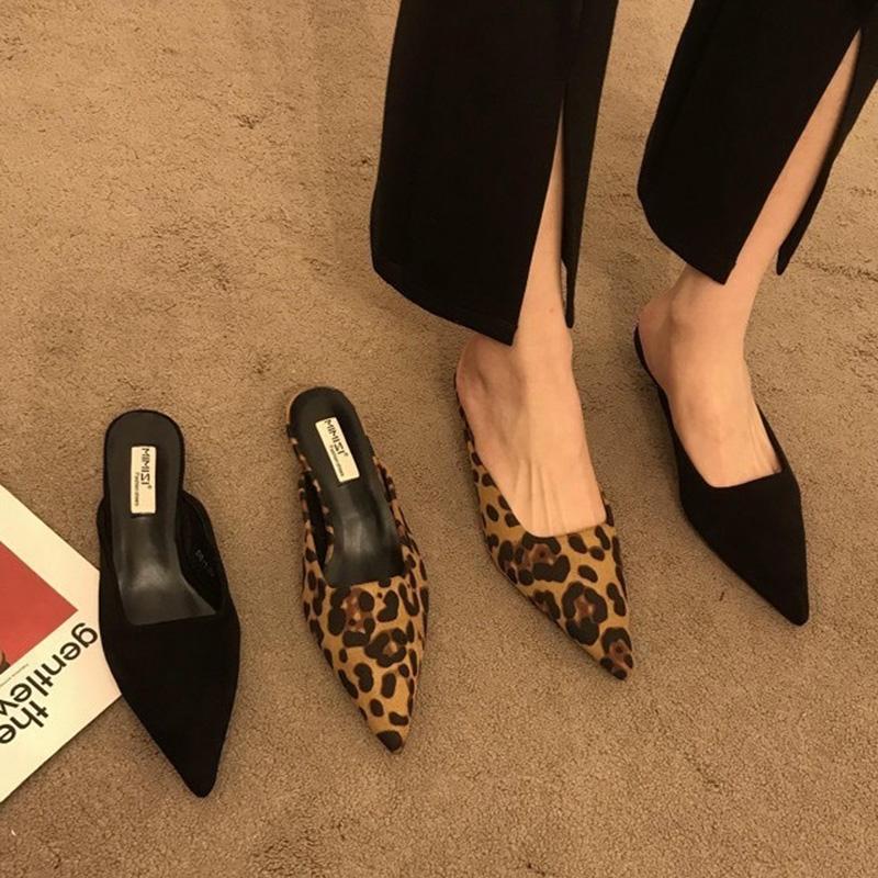 Fashion Pointed Toe Leopard Slippers Women Low Kitten Heel Flock Summer Slides Shoes Sexy Leopard Sandals Slingback Pumps Slippers Women