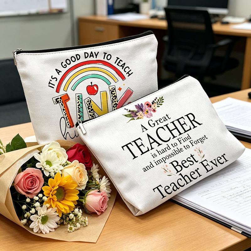 Teacher's Day Inspirational Slogan Makeup Bag - Portable Imitation Linen Zipper Pouch