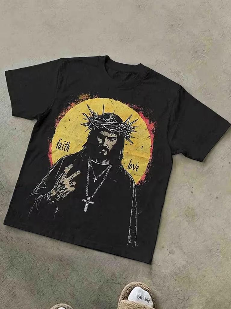 Summer New Arrival Faith In God (Y2k) Loose Fit Crew Neck Design Casual And Stylish Leading The Street Trend