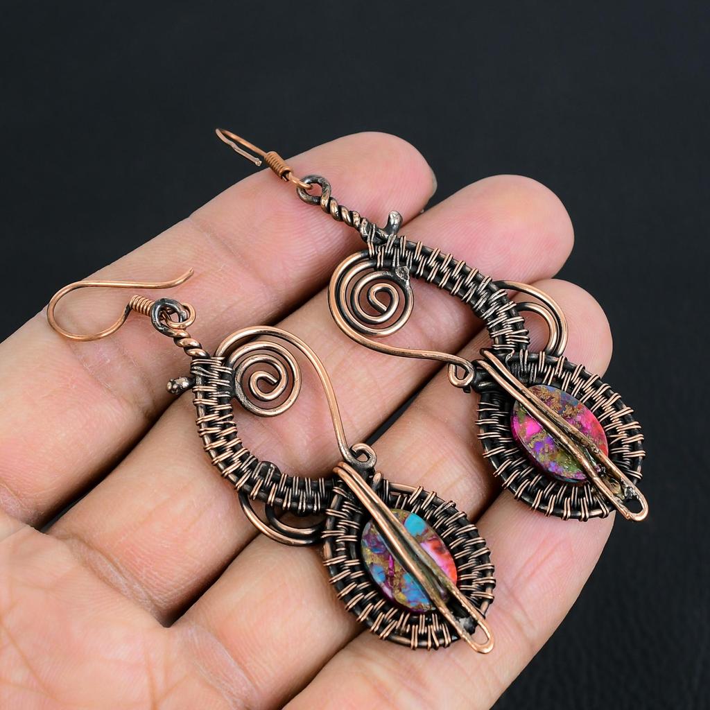 Pink Spiny Oyster 999 Copper Wire Wrapped Earrings, Handmade Gemstone Jewelry Earrings, For Memorial Day