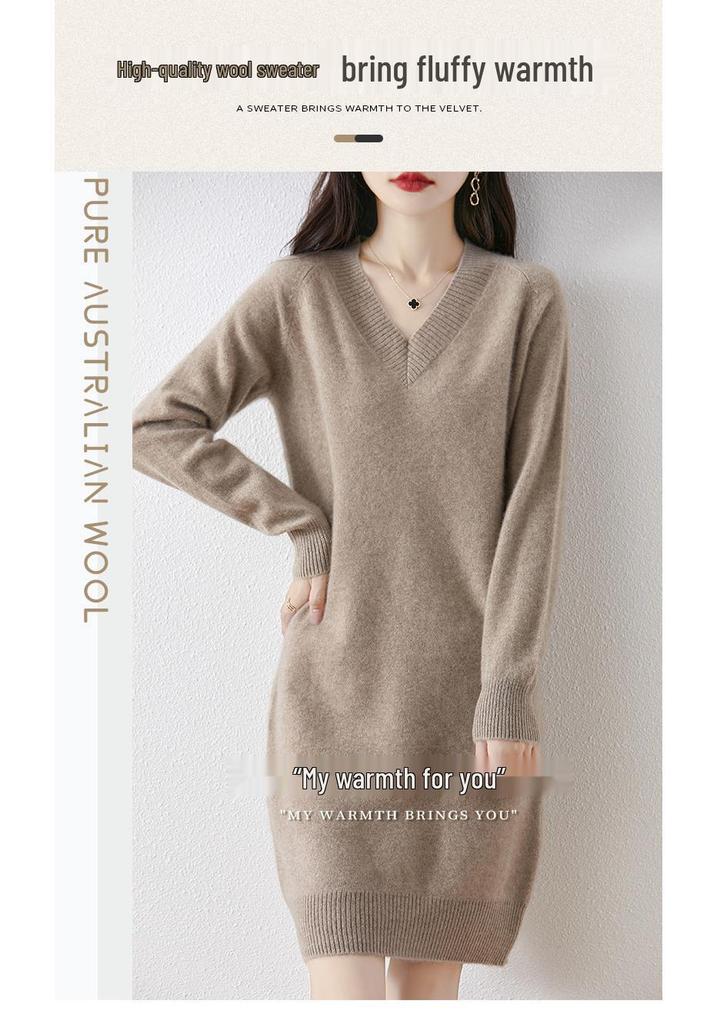 Women's V-Neck Mid-Length Cashmere Knit Dress - Loose Sheath Pullover, 100% Pure Cashmere