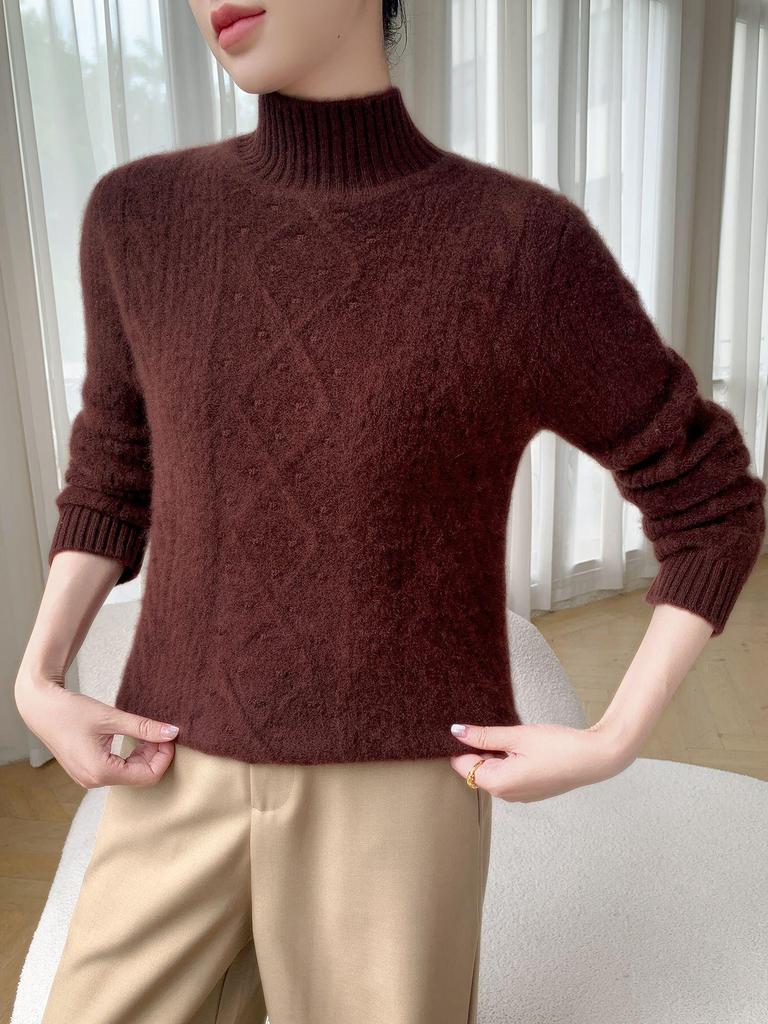 2025 Autumn/Winter Women's High Neck Cashmere Diamond Cable Knit Sweater - Thick and Loose Knit Pullover