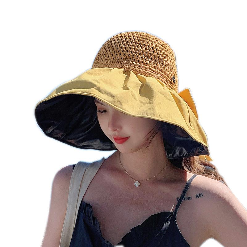Summer can tie ponytail sunscreen hat women's new fashion foreign style sun hat trendy vinyl empty top bucket hat