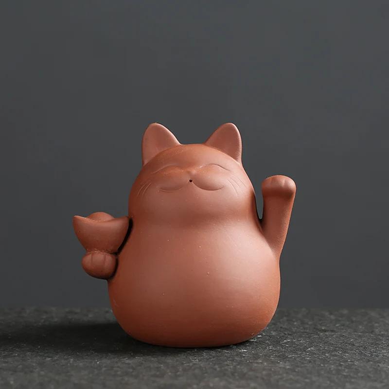 1 Pc Chinese Purple Clay Tea Pet Handmade Lucky Cat Animal Statue Ornaments Sculpture Tea Figurine Decoration Household Tea Set