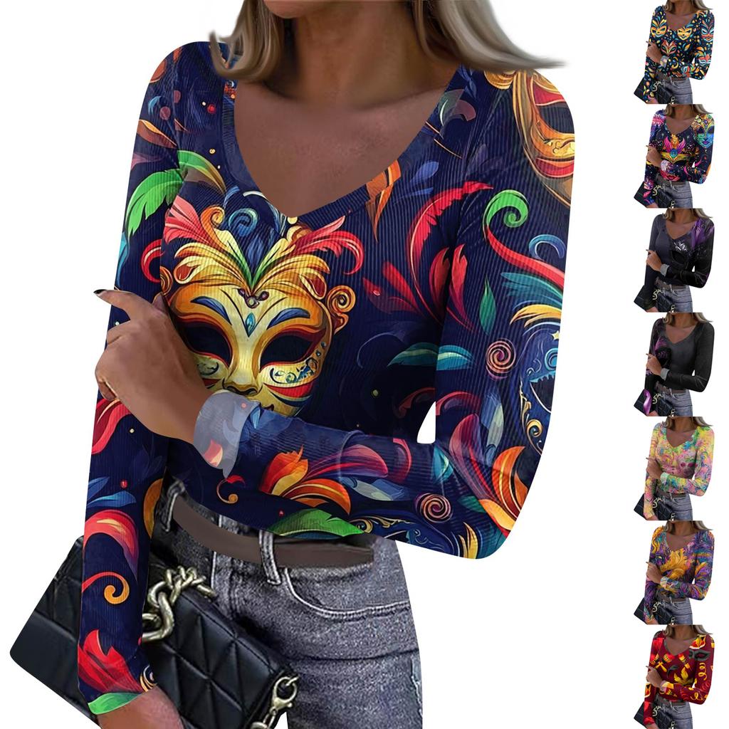 Women's Winter Slim-Fit Base Layer T-Shirt Fashionable Print V-Neck Pullover Long-Sleeved Top