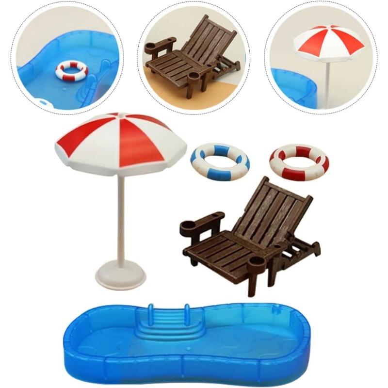 Beach Miniature Dollhouse Decoration Set With Umbrella Chair Swimming Ring Swimming Pool Set For Doll House Plaything Accessories