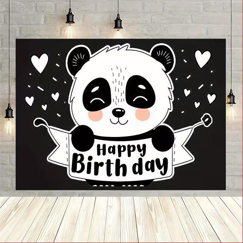 2D Black White Panda Birthday Photography Backdrop with Hearts for Photo Booth