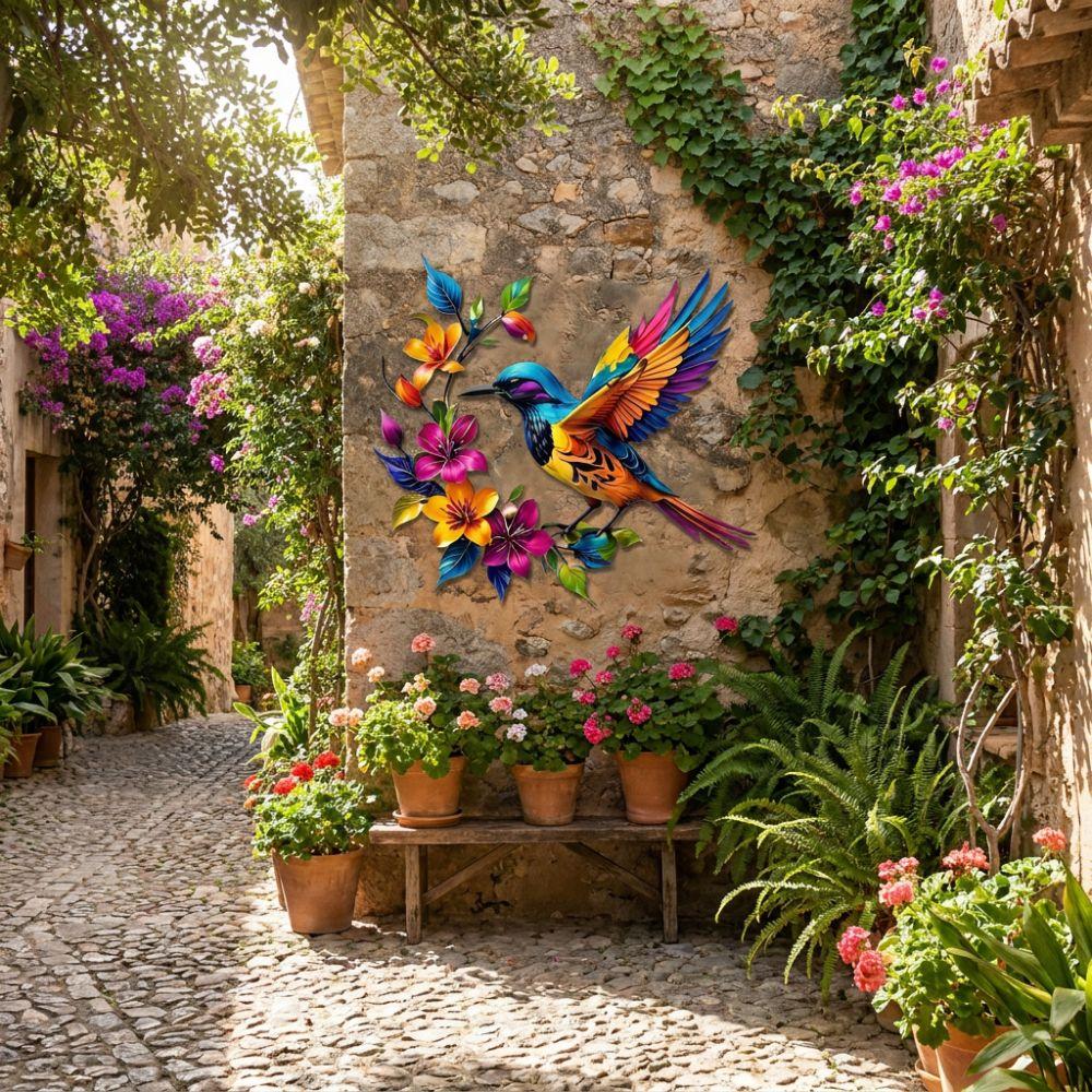 Hand Painted Iron Art Bird Wall Hanging Colorful Flower Colorful Birds Sculpture  Balcony Patio