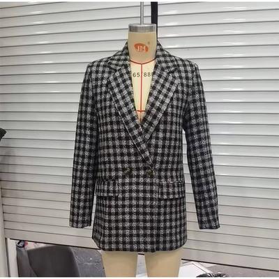 Nouveau Produit d'Automne Manteaux Décontractés pour Femmes Polyvalent Double Boutonnage Manches Longues Coupe Ajustée Laine à Carreaux Manteau Costume