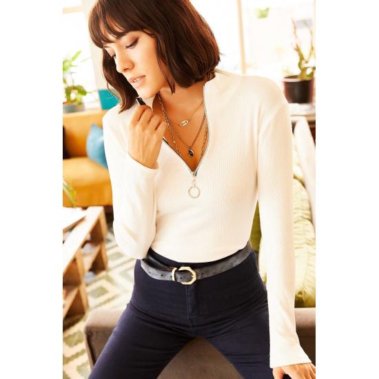 Dame Ecru rullekraveglidelås lycra bluse