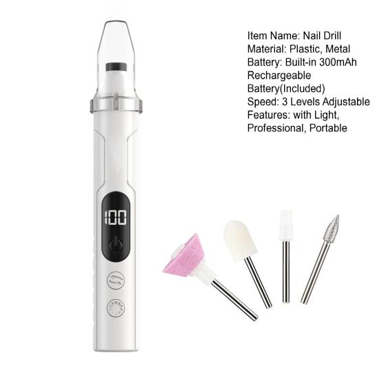 Electric Nail Drill with 4 Bits 3 Speed UV Nail Lamp Nail Portable Cordless Acrylic Gel Nail Polish Removal Machine Manicure Pedicure Tool