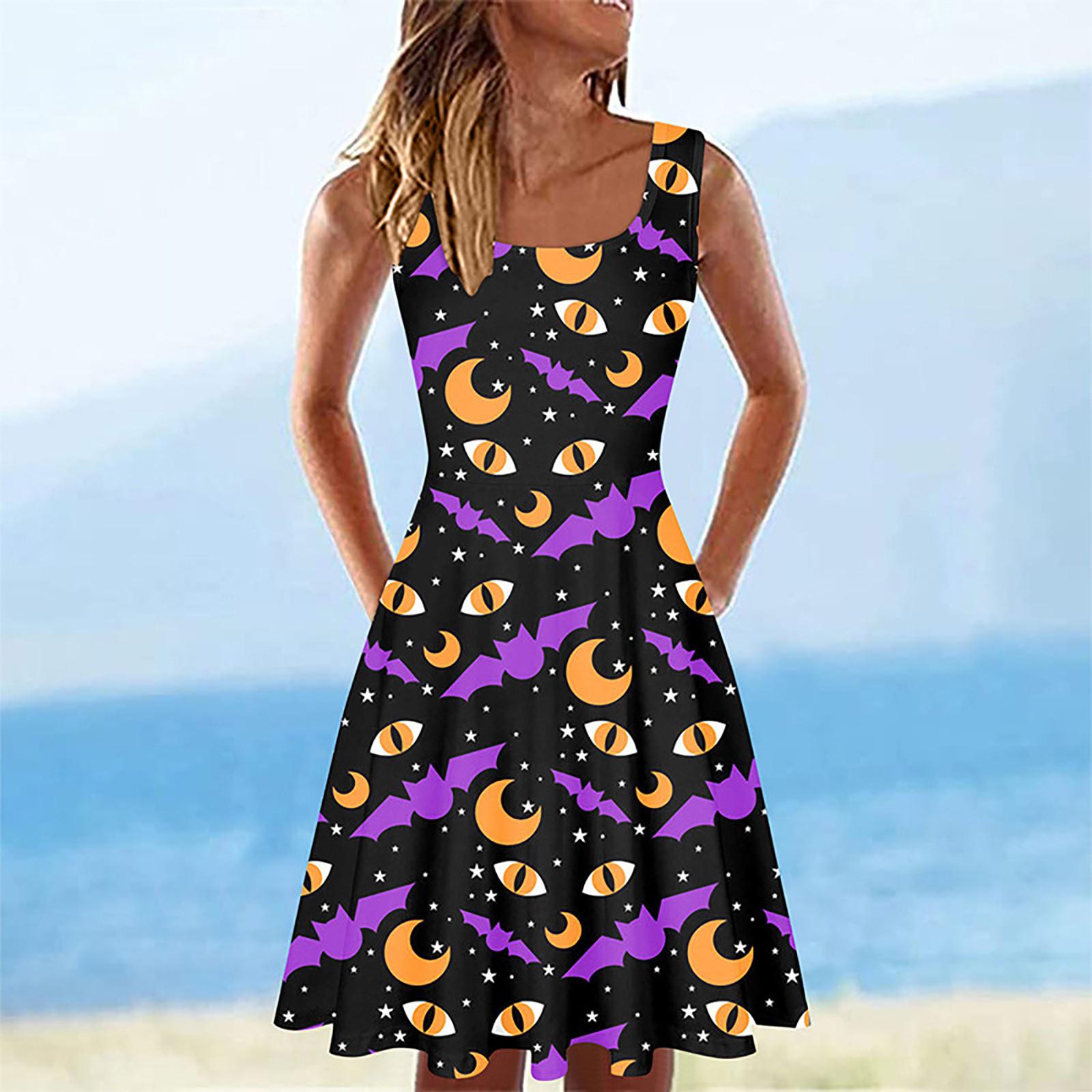 

Женское повседневное модное платье А-силуэта без рукавов с принтом на Хэллоуин M фиолетовый