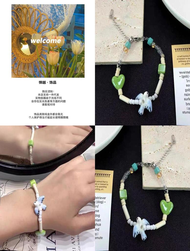 Retro Women's Beaded Bracelet With Ceramic Hearts And Lucky Swallow Summer Fashion