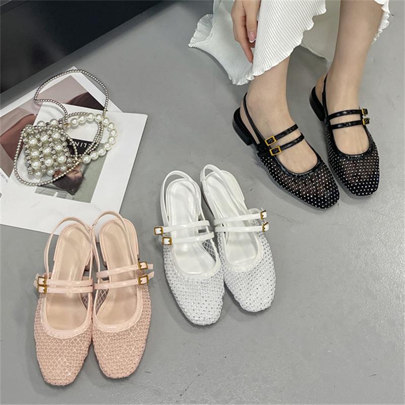 Eilyken Summer Crystal Square Low Heels Buckle Strap Woman Sandals Elegant Cosy Breathable Holes Mesh Banquet Shoes
