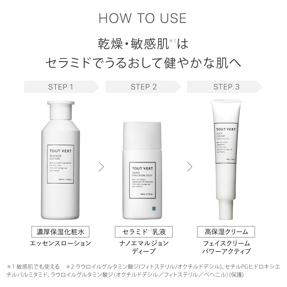 Skin Toujours Dry Sensitive Skin Care Essence Lotion 200mL Nano Emulsion Deep 60mL Face Cream Power Active 40g with High Concentration of Hyaluronic