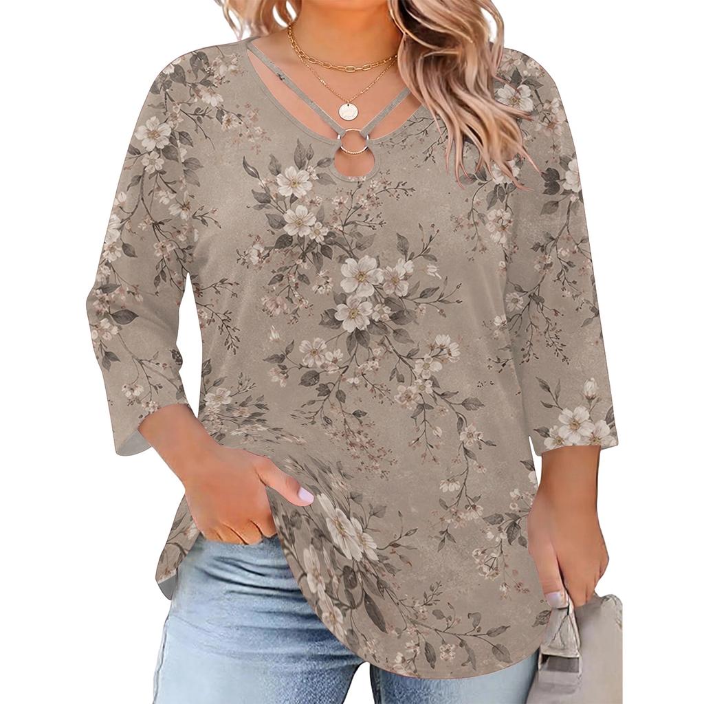 Blusa Floral Feminina Plus Size com Manga Três Quartos, Blusa Casual, Túnica de Corte Amplo para Primavera Verão, Uso Diário, Trabalho e Saídas