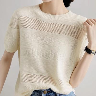 Jacquard Lochmuster Kurzarm T-Shirt für Damen Sommer Locker Dünnes Strickshirt Eisseide Trägertop