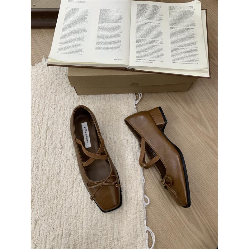 

BULVJI cloth season, bow cross strap Mary Jane small leather shoes women s 2025 spring and autumn French thick heel shoes 39