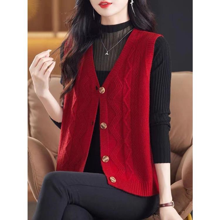 Women's Vest Autumn and Winter New V-neck Cardigan Sleeveless Solid Color Sweater Vest Loose Knitted Vest Mother's