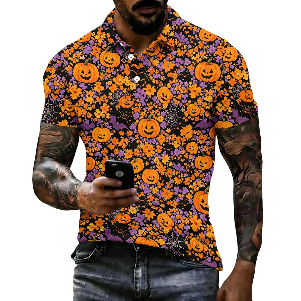 Unisex Loose Fit Casual Short Sleeve Polo Shirt with Halloween Themed Print Pullover Design for Everyday Wear