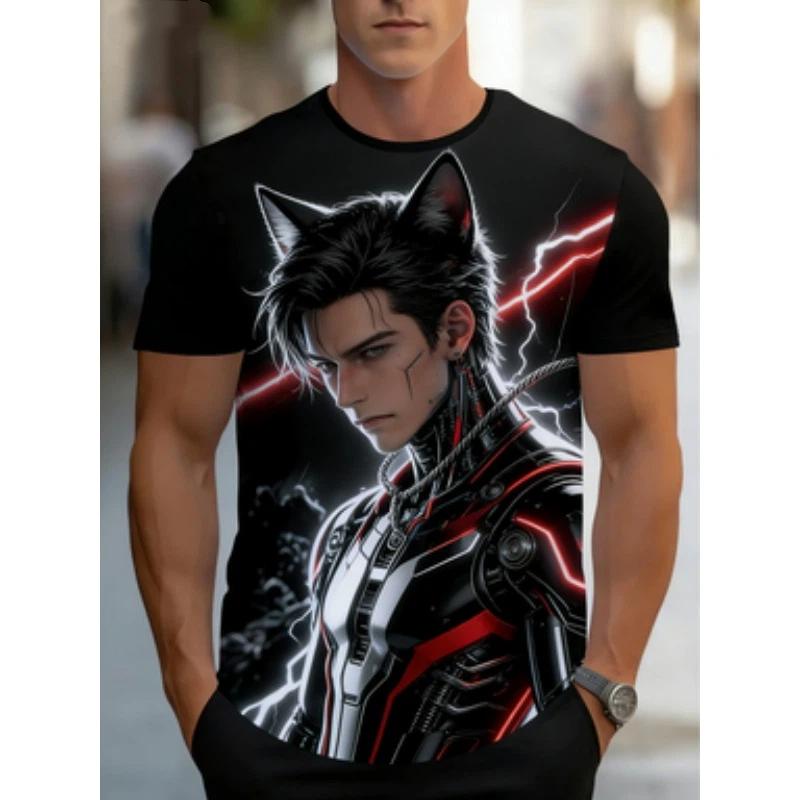 Herren-T-Shirt mit Aufdruck - leicht und atmungsaktiv, rot-weißes Anime-Comic-Kunstmuster, Rundhalsausschnitt, kurzärmlig, Sommer-Top