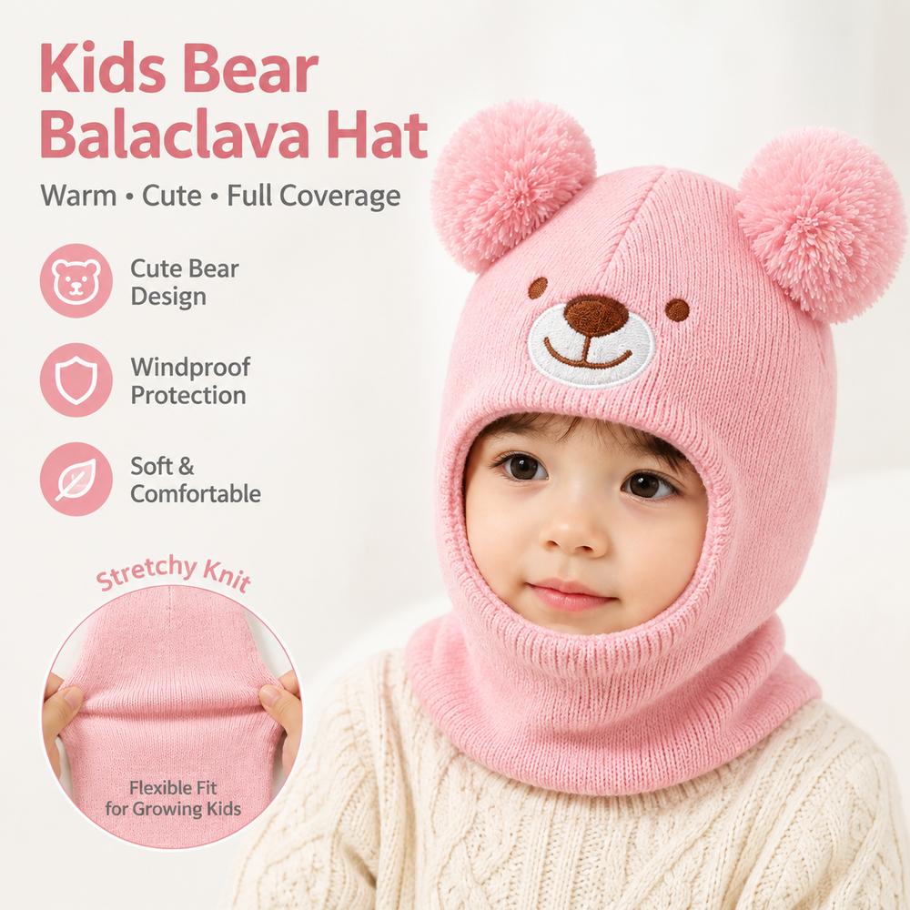 Cartoon Bear Kids Winter Hat Double Pom Poms Bear Headscarves  Winter Wear