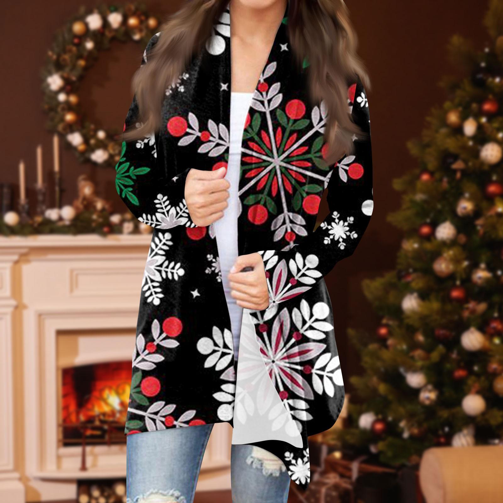 

Жіноча модна повсякденна різдвяна куртка-кардиган середньої довжини з принтом L чорний