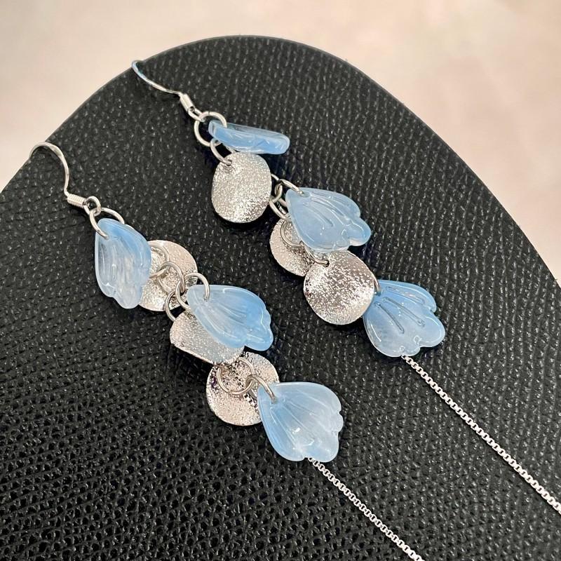 Cool Gradient Blue Petals Imitation Shell Women's New High-end Light Luxury Temperament Ear Hook Earrings