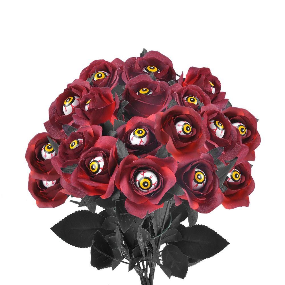 Black Red Roses Artificial Roses Eyeball Design Artificial Horror Props Goth Scary Halloween Home Decor DIY Accessories