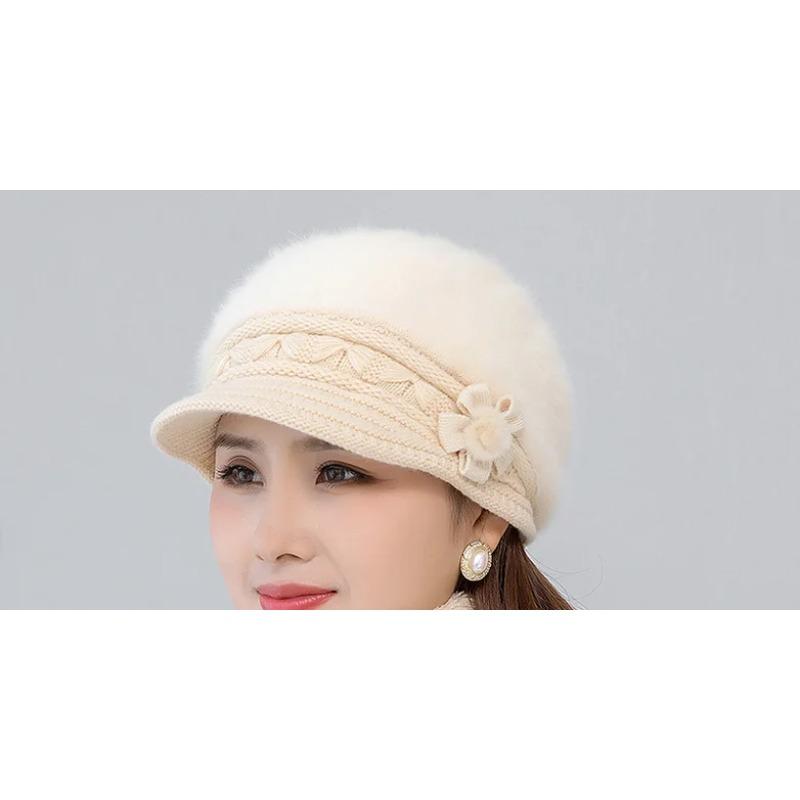 

Нова зимова шапка Товста тепла в язана шапка Шарф Рукавички Набір з 3 предметів для жінок Елегантні квіти Берет із кролика Шапка для верхової їзди на відкритому повітрі