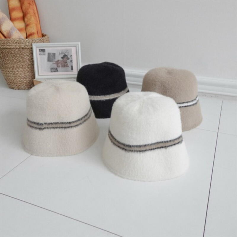 Women s Angora Bucket Hat Color Block Design Winter Hat white