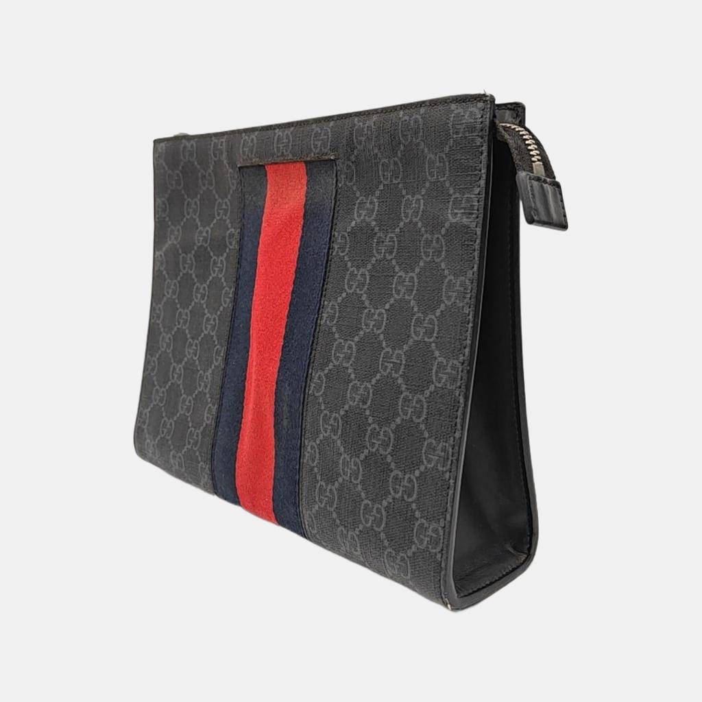 [Pre-Owned] Signature Logo Stripe Web Zipper Canvas Clutch - Fair #1Q4GJFX