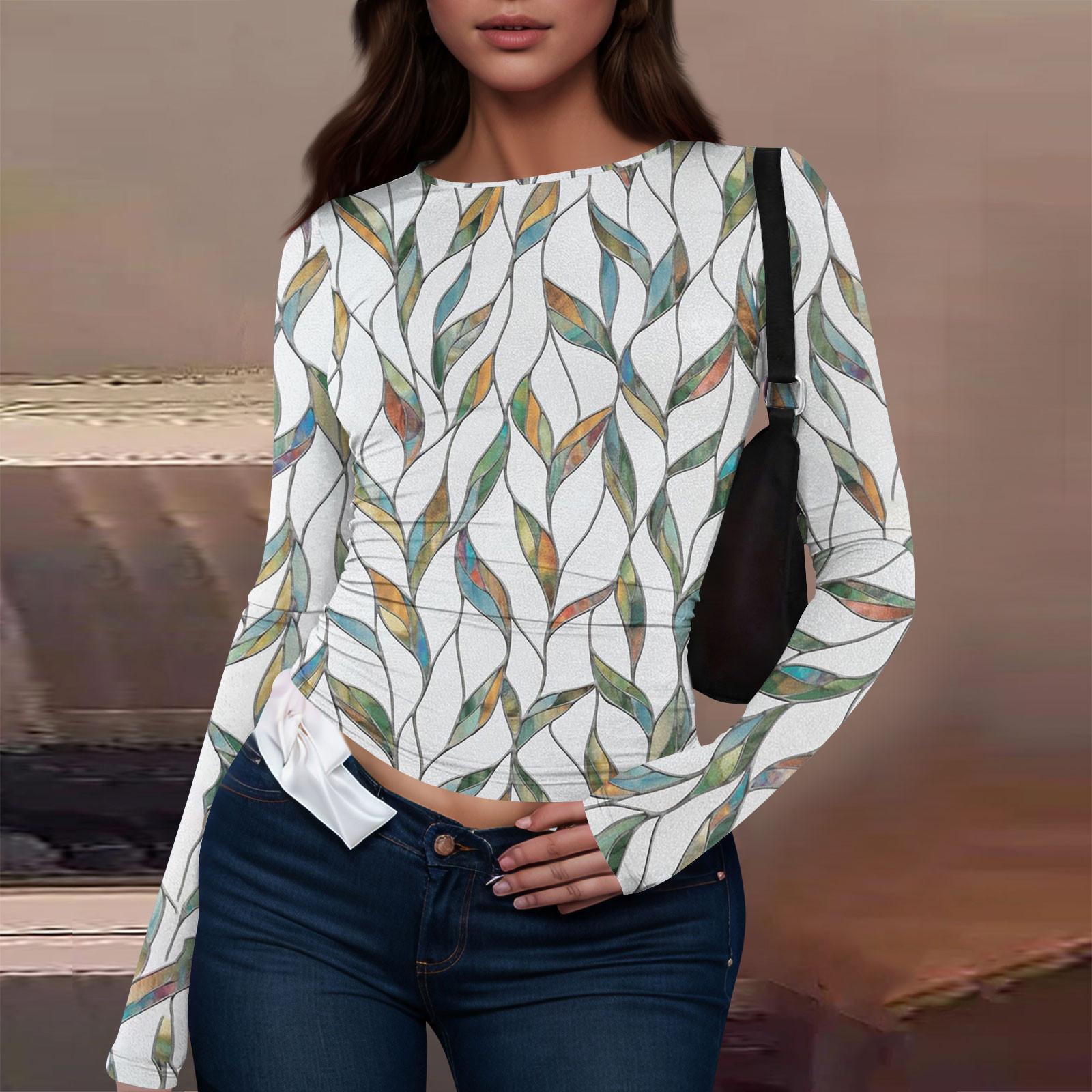 Женская модная повседневная футболка с круглым вырезом и длинным рукавом с принтом — фото 7