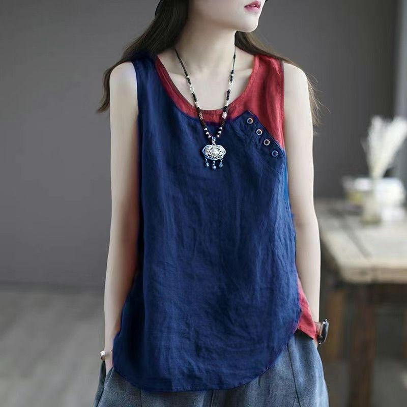 Summer New Loose Camisole Vest Women's Thin Asymmetric Top Button Decoration Splicing Design